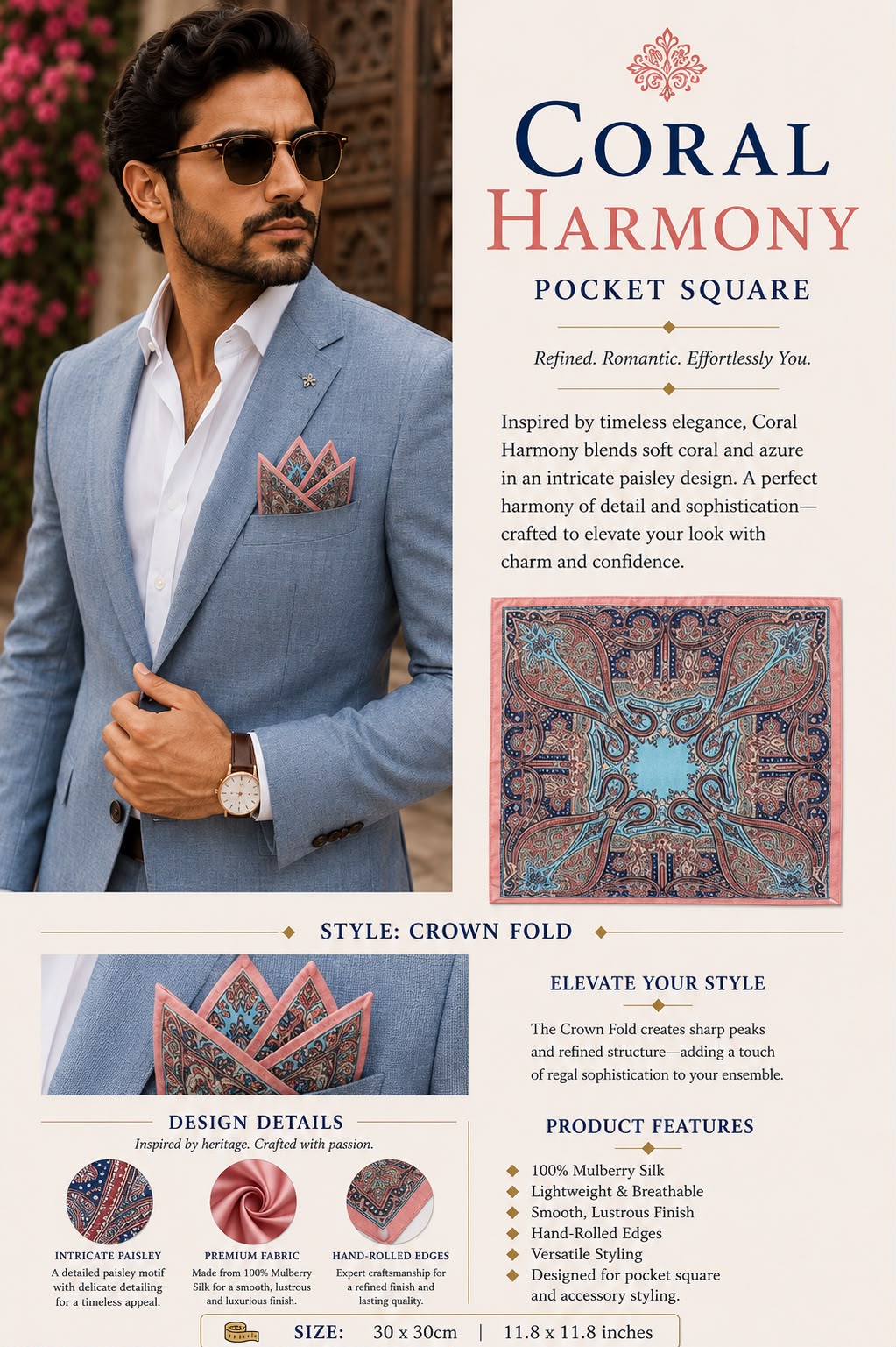 CORAL HARMONY POCKET SQUARE