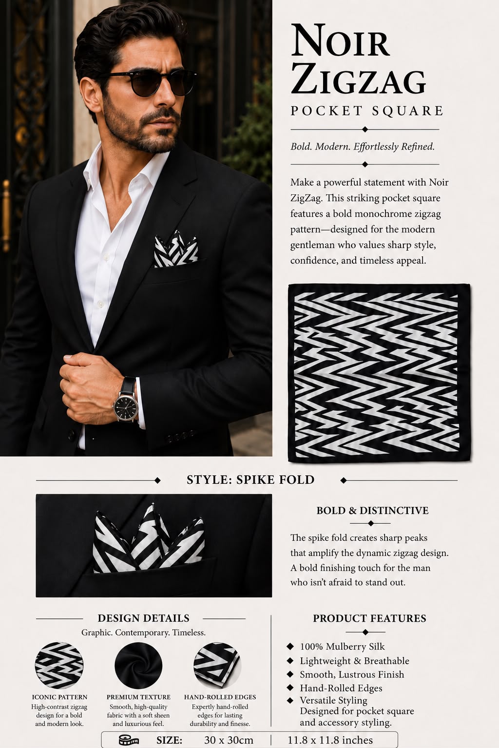 NOIR ZIGZAG POCKET SQUARE