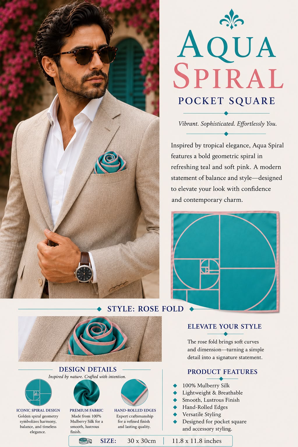 AQUA SPIRAL POCKET SQUARE