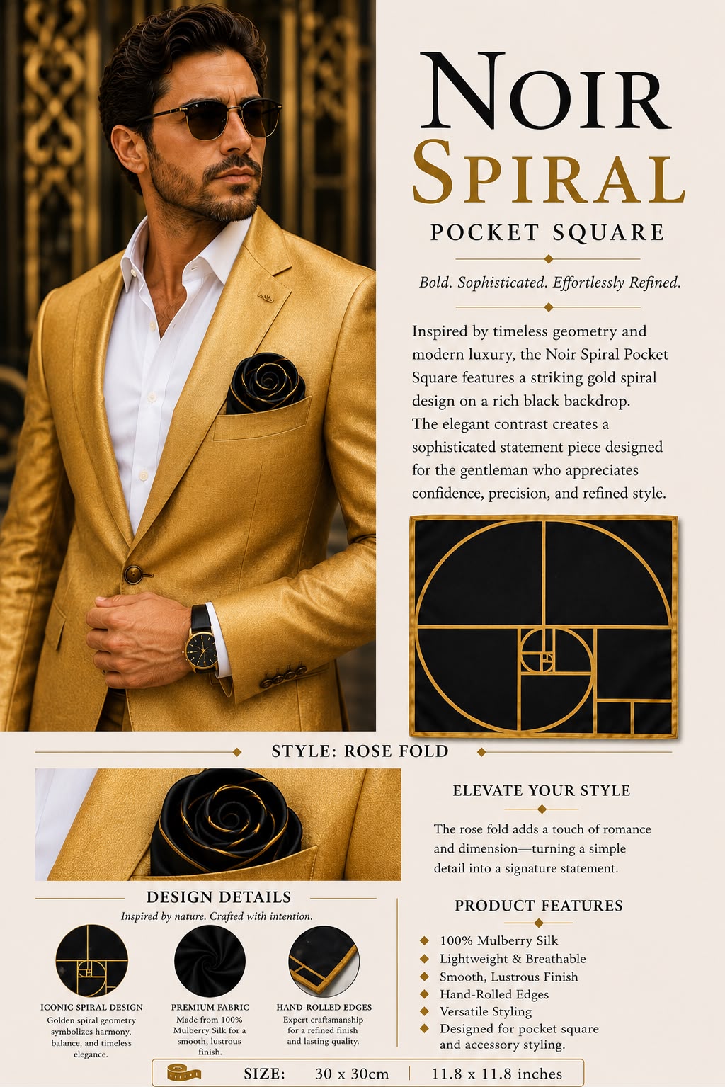 NOIR SPIRAL POCKET SQUARE